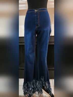 High-Rise Indigo Flare Jeans with Fringed Hem